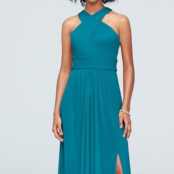 Unaltered David's Bridal High-Neck Mesh Crisscross Bridesmaid Dress Oasis - Picture 1 of 8